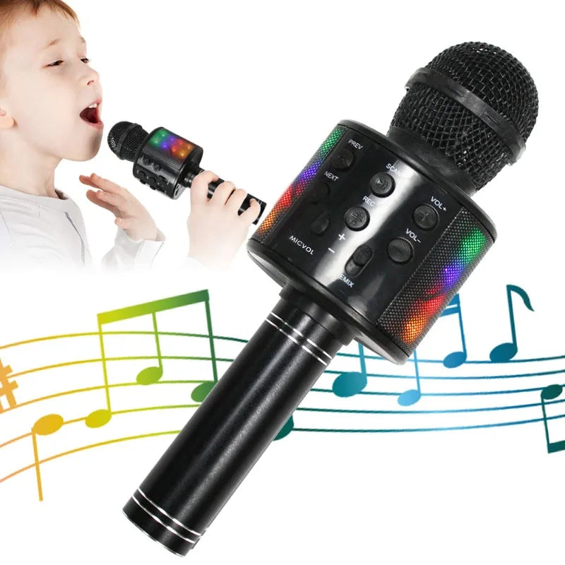 Black wireless karaoke children microphone sound integrated with colorful led lights and multiple control buttons for singing