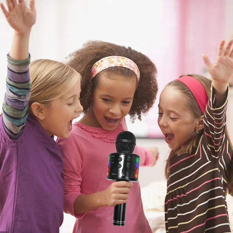 Black wireless karaoke children microphone sound integrated with colorful led lights and control buttons for kids singing