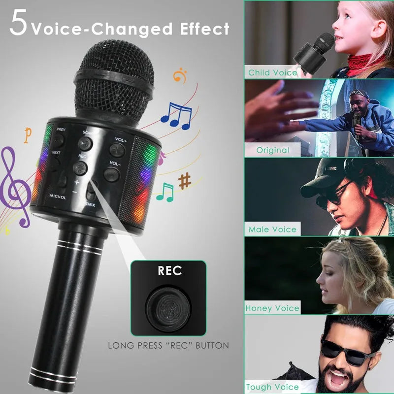 Black wireless karaoke children microphone sound integrated with colorful led lights and multiple voice effect buttons