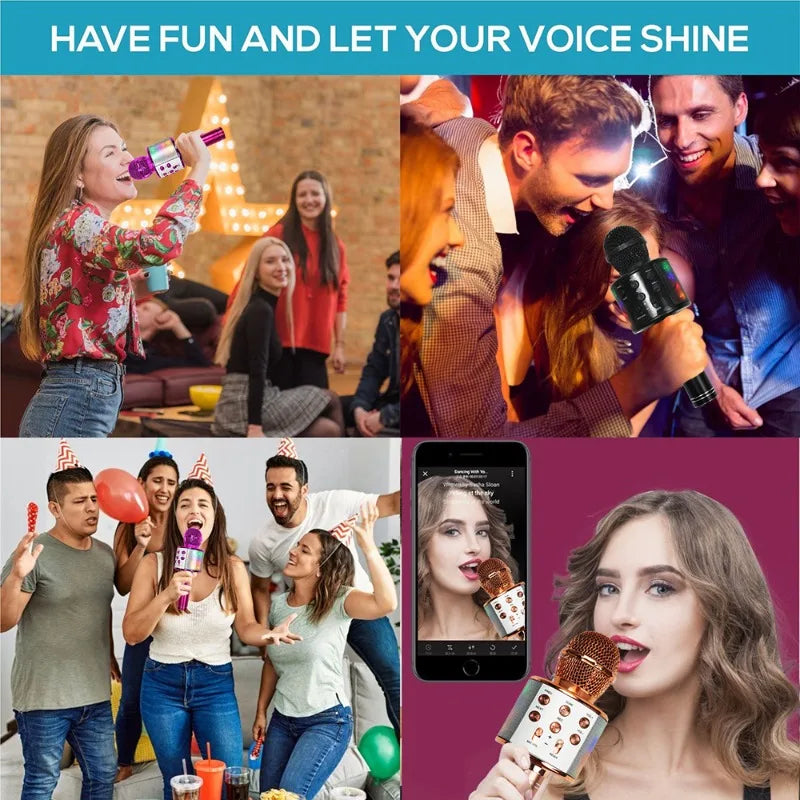 A sleek rose gold microphone sound integrated wireless karaoke children singing microphone for kids gift toy