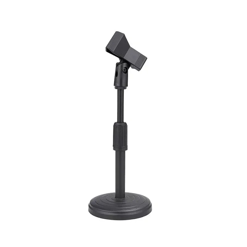 Black adjustable microphone stand desktop with circular weighting disc base and clamp head for shockproof network live broadcast mic stand