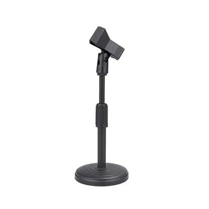 Black adjustable microphone stand desktop with circular weighting disc base and clamp head for shockproof network live broadcast mic stand