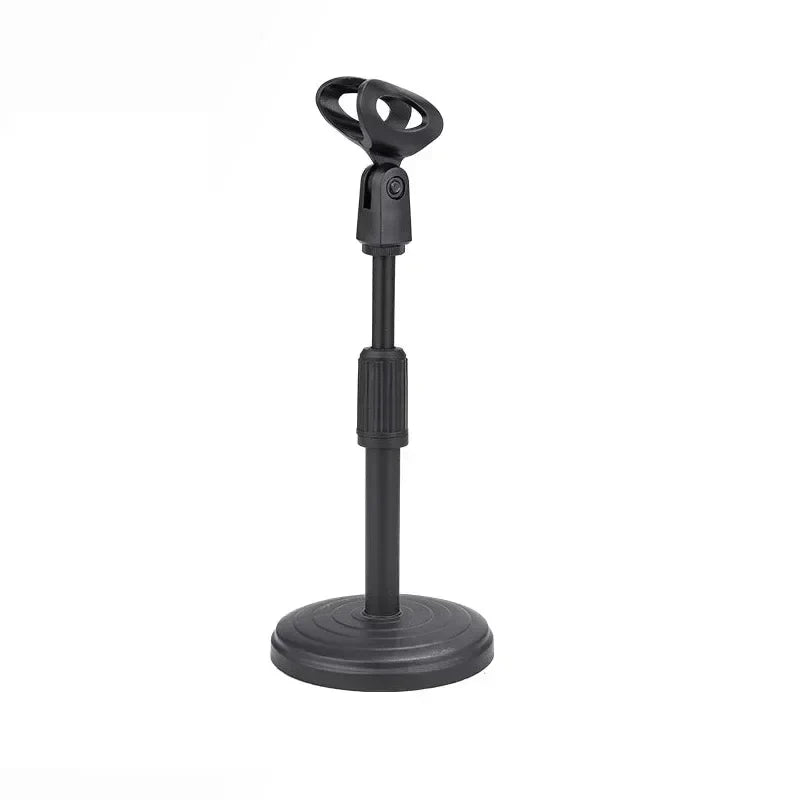 Black adjustable microphone stand desktop with circular weighting disc base and shockproof gooseneck clamp for live broadcast mic stand