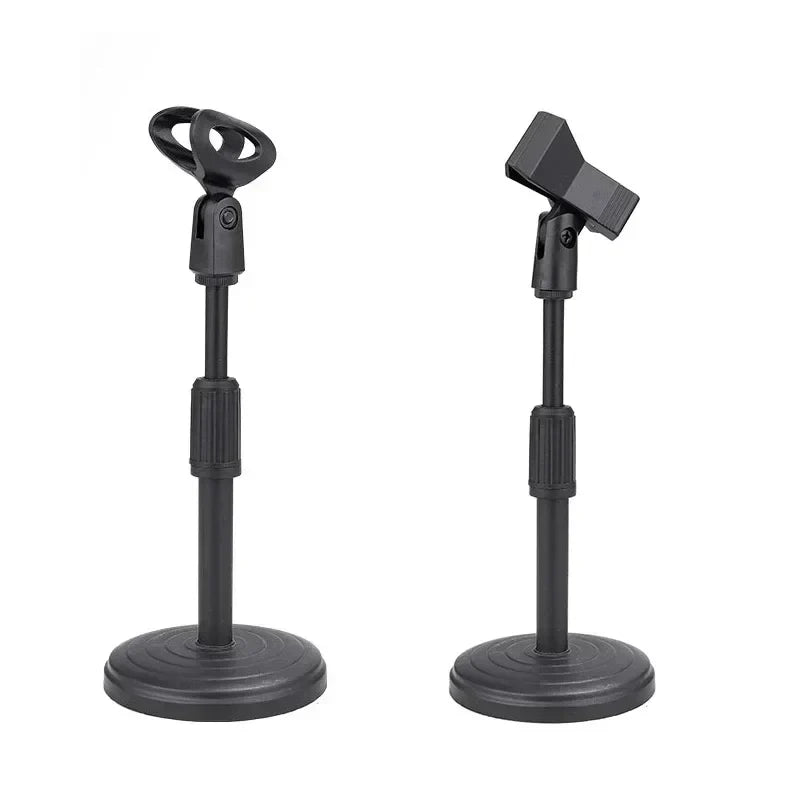 Black adjustable microphone stand desktop with circular weighting disc base and clamp head for shockproof network live use