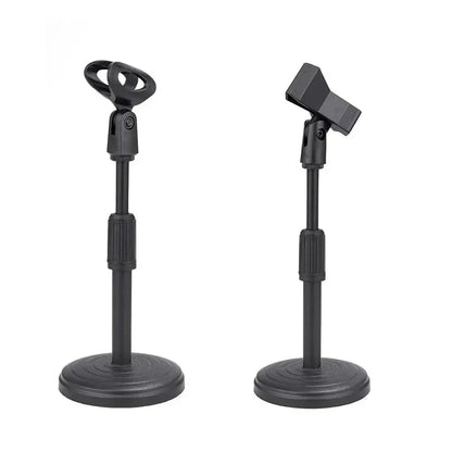 Black adjustable microphone stand desktop with circular weighting disc base and clamp head for shockproof network live use