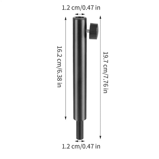 Black cylindrical metal microphone stand extension arm with threaded top and knurled adjustment knob for studio podcast performance adapter holder mount
