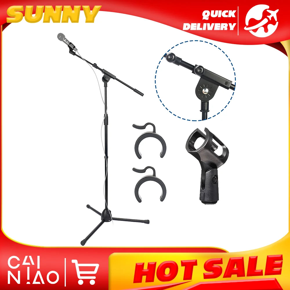 Black foldable heavy duty metal microphone stand with adjustable floor adjustable boom arm and duty tripod karaoke base with clamps