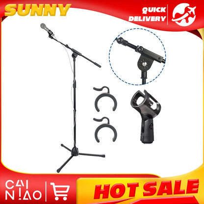 Black foldable heavy duty metal microphone stand with adjustable floor adjustable boom arm and duty tripod karaoke base with clamps