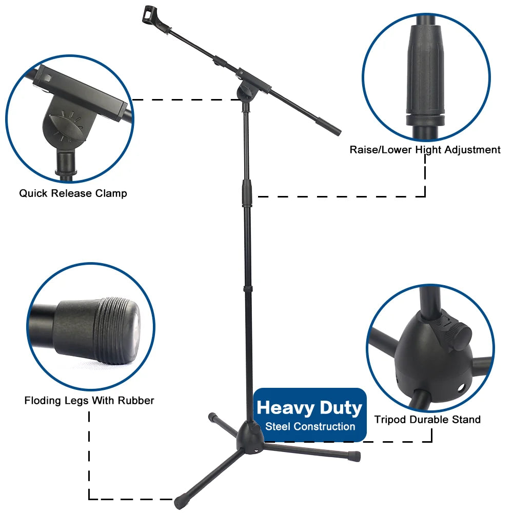 Black foldable heavy duty steel microphone stand with adjustable height floor adjustable boom and duty tripod karaoke base