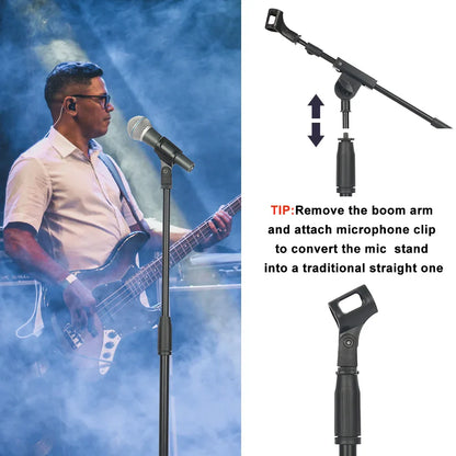 Black foldable heavy duty microphone stand with adjustable boom arm and clip for versatile floor adjustable boom use