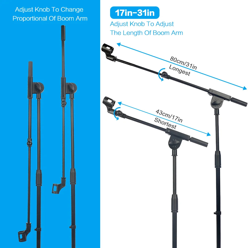 Black foldable heavy duty microphone stand with floor adjustable boom arm and measurement indicators for karaoke use