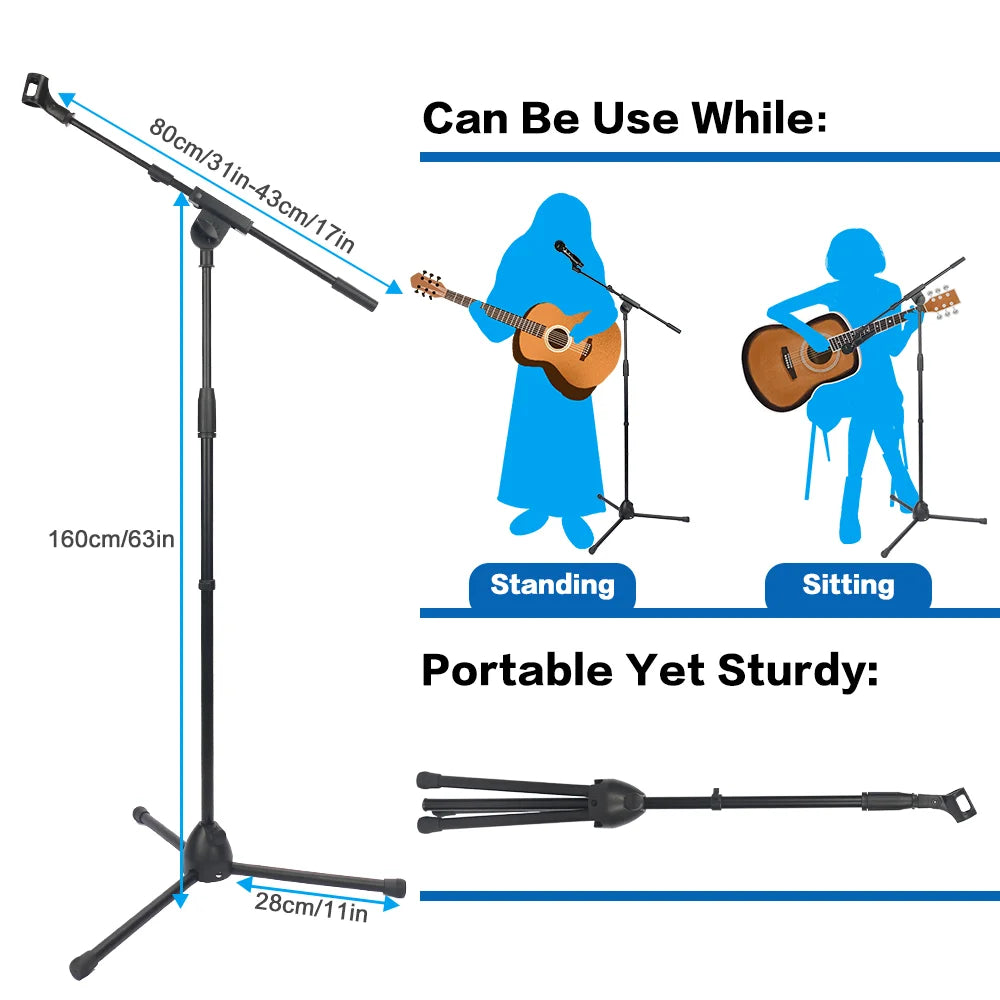 Black foldable heavy duty microphone stand with duty tripod karaoke base and floor adjustable boom arm with holder clip