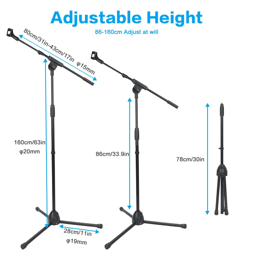 Black foldable heavy duty microphone stand with tripod base and floor adjustable boom arm with holder clip