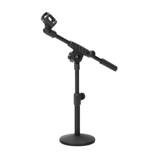 Black sturdy multifunctional portable microphone stand with adjustable arm and circular base for stage studio use
