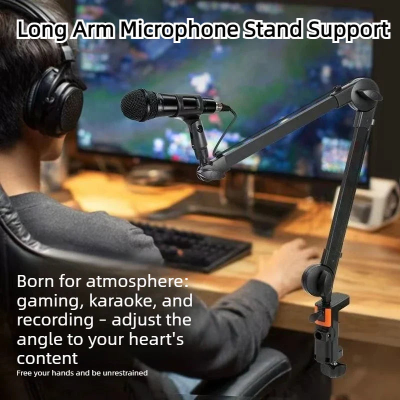 Black long arm microphone stand support with adjustable joints and orange accents for clip live broadcast and sturdy use