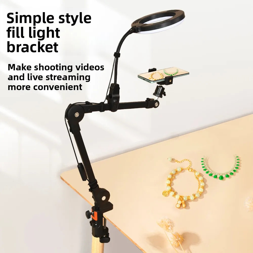 Black adjustable microphone stand support with circular ring light and phone clamp clip live broadcast sturdy arm