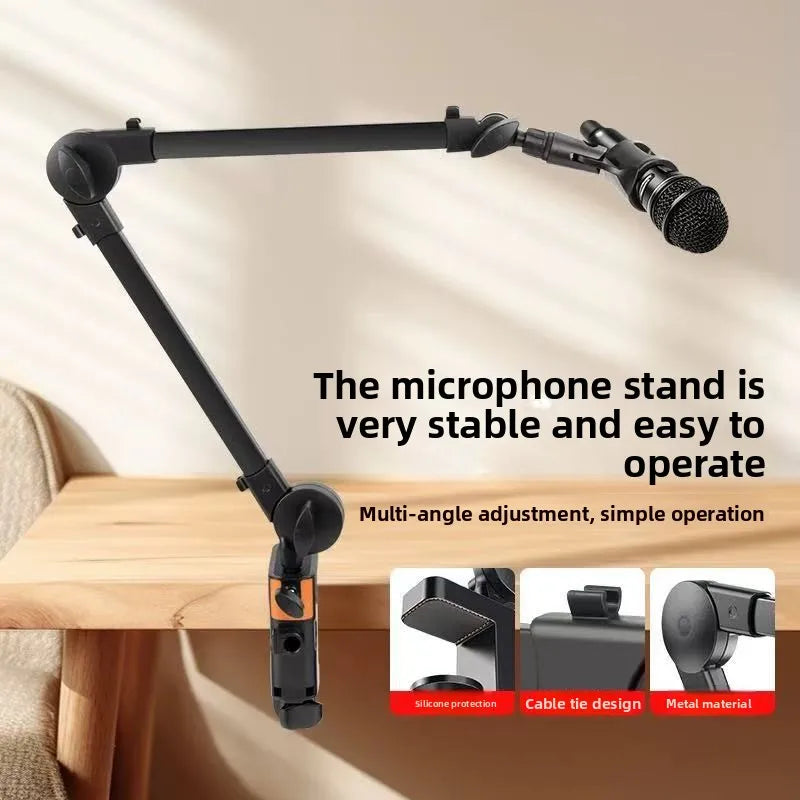Black adjustable microphone stand support with metal construction and silicone protection clip live broadcast sturdy design