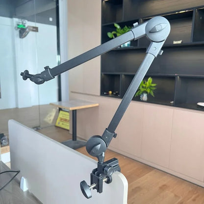 Adjustable black metal microphone stand support with articulated joints and clamp for clip live broadcast use
