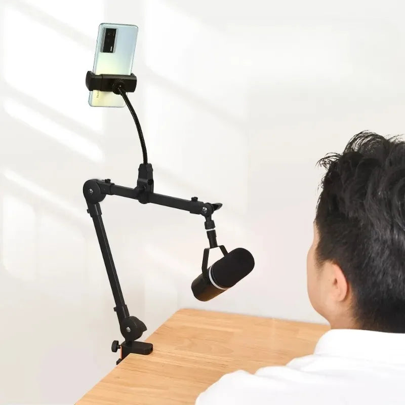Black adjustable microphone stand support with rotatable long arm clip live broadcast sturdy desktop bracket