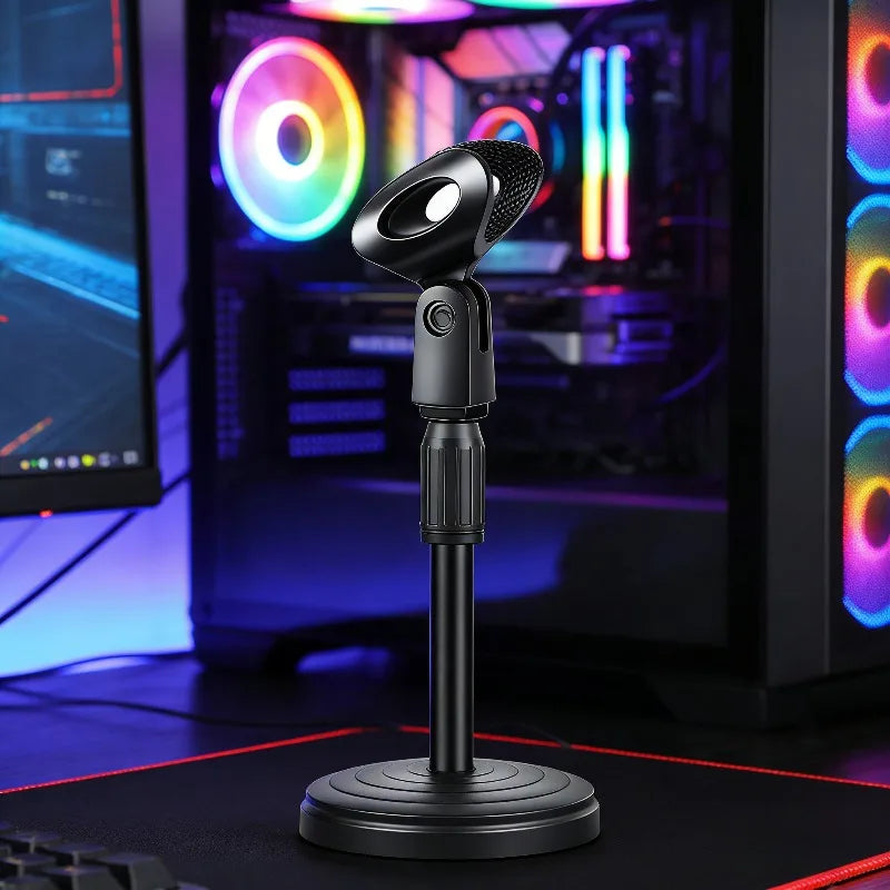 Black desktop condenser microphone with adjustable circular base on mini portable table stand adjustable bracket