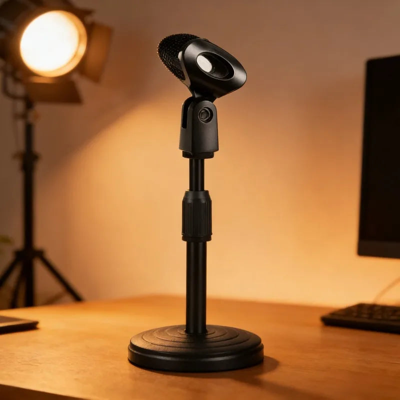 Black gooseneck microphone on a mini portable table stand adjustable desktop microphone stand with clip holder bracket