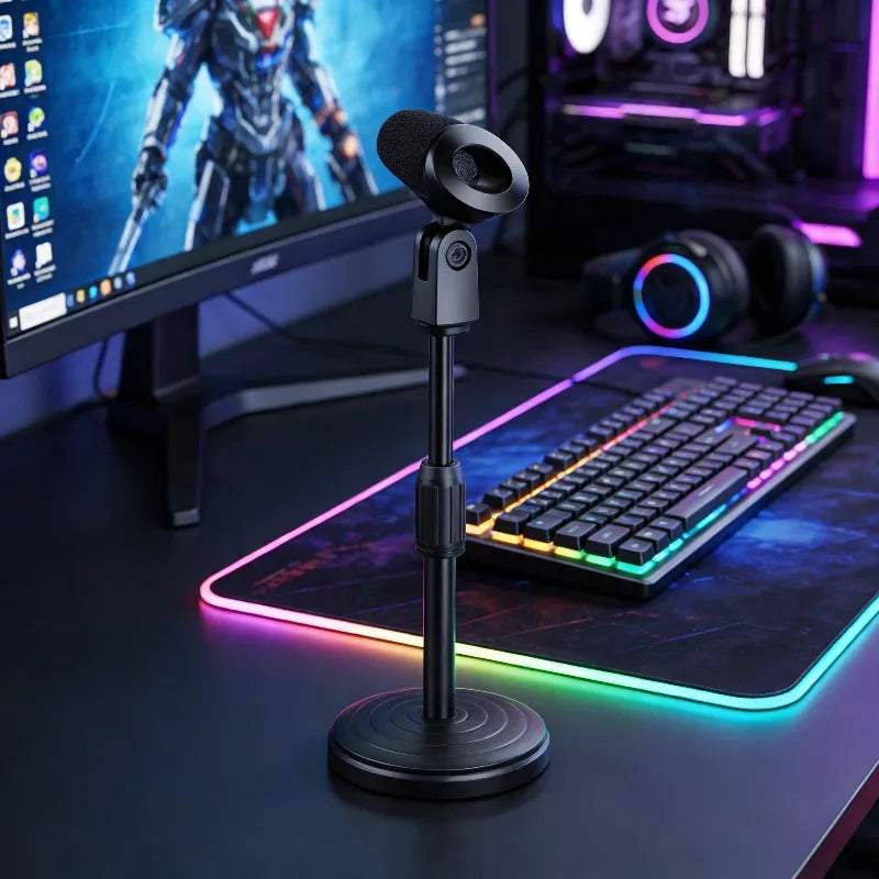 Black gooseneck microphone on adjustable stand featuring a mini portable table stand adjustable for desktop use
