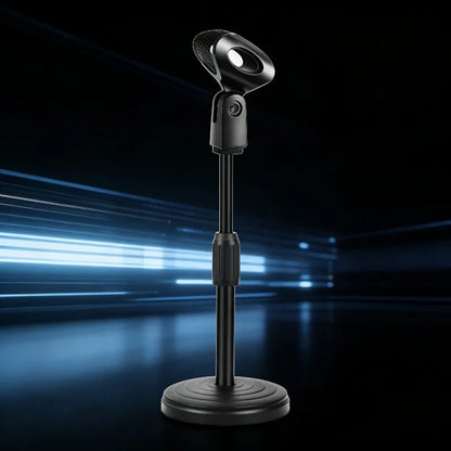 Black gooseneck microphone on a mini portable table stand adjustable microphone stands desktop with mic clip holder