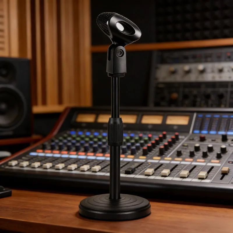 Black gooseneck microphone on a mini portable table stand adjustable desktop microphone stand with lightweight brackets