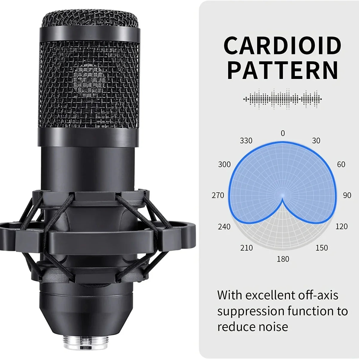 Black cardioid condenser microphone studio professional with mesh grille shock mount for live broadcast singing use