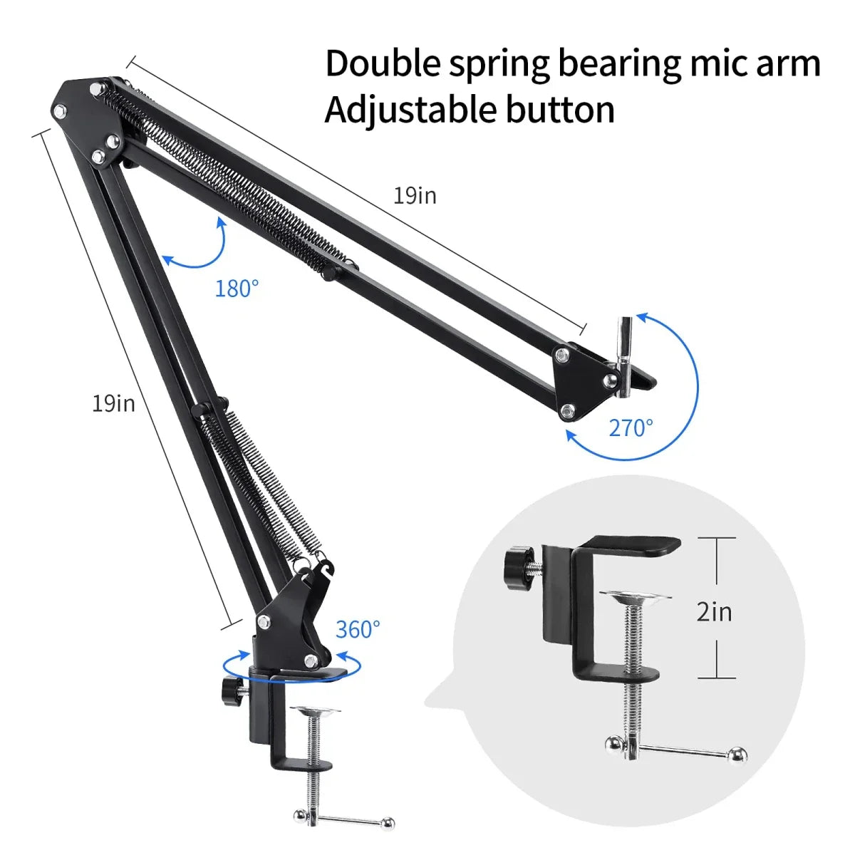 Black double spring bearing microphone studio professional live broadcast singing suspension scissor arm with adjustable button and 19-inch extendable arms