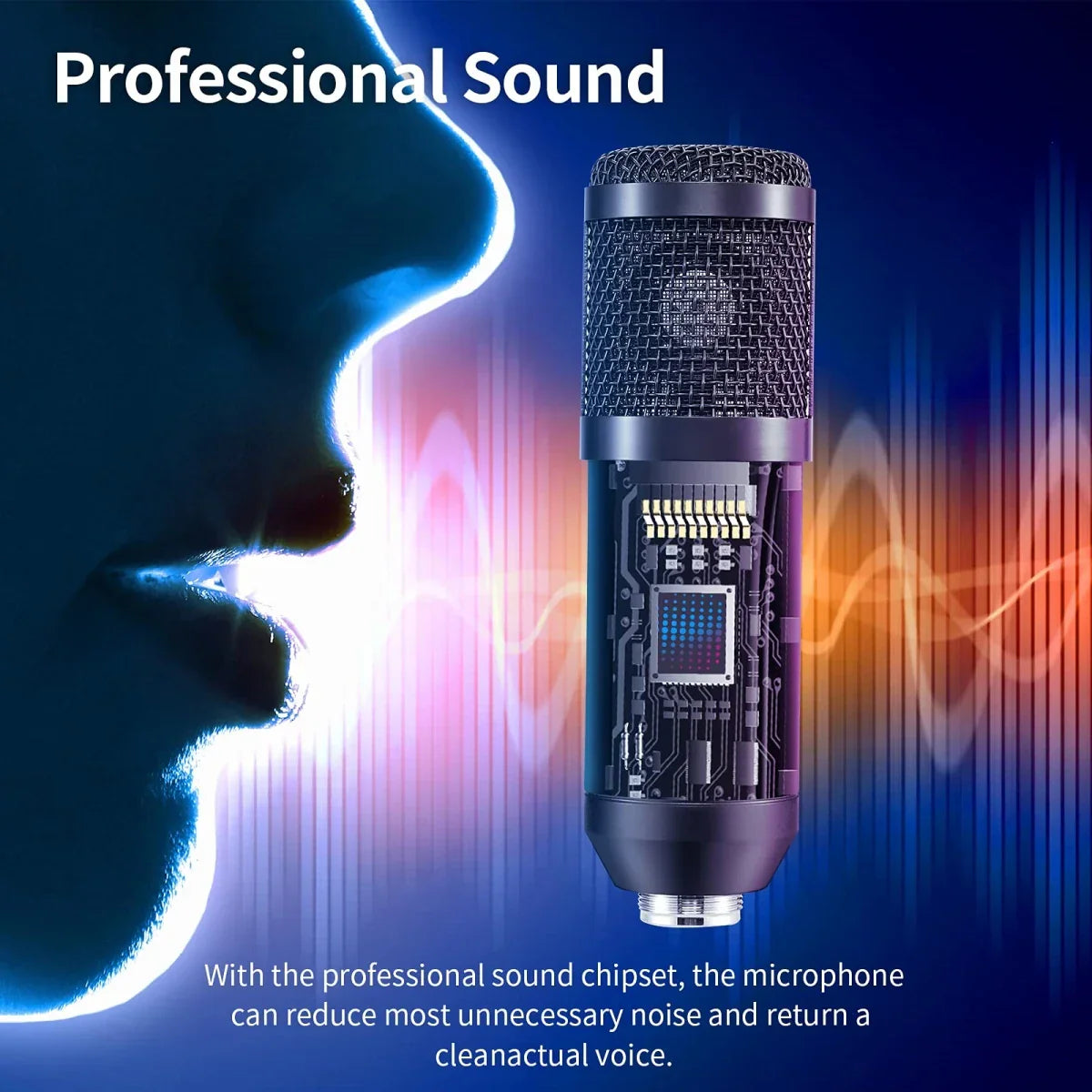 Black mesh-capped condenser microphone with visible circuitry and silver threaded base for microphone studio professional use and live broadcast singing with suspension scissor arm