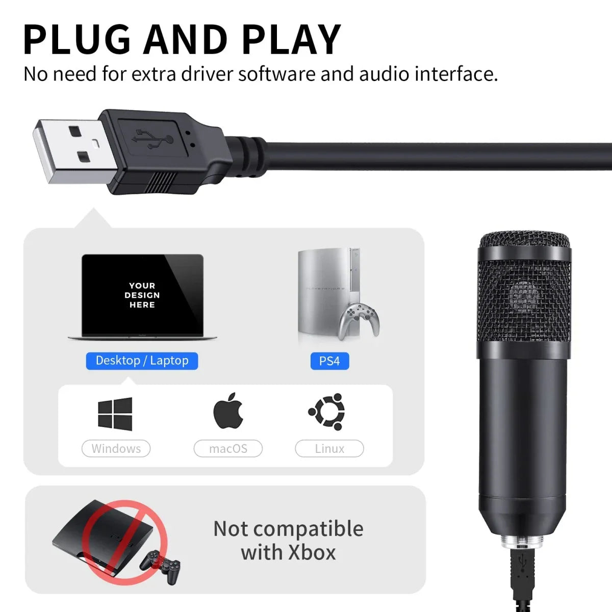 Black usb-a to 3.5mm audio cable with matte finish and microphone for microphone studio professional and live broadcast singing use