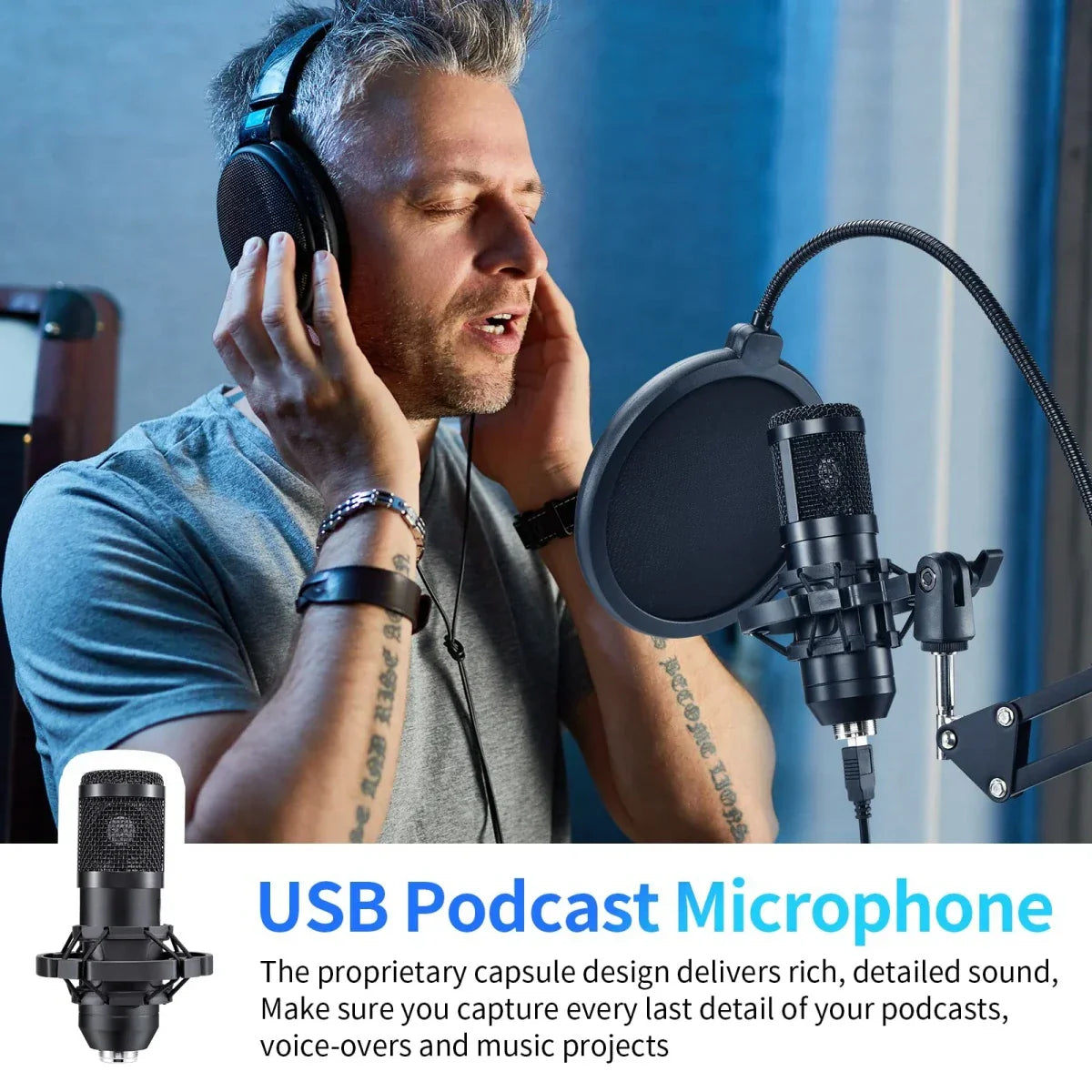 Black usb microphone studio professional with pop filter suspension scissor arm metal shock mount for live broadcast singing