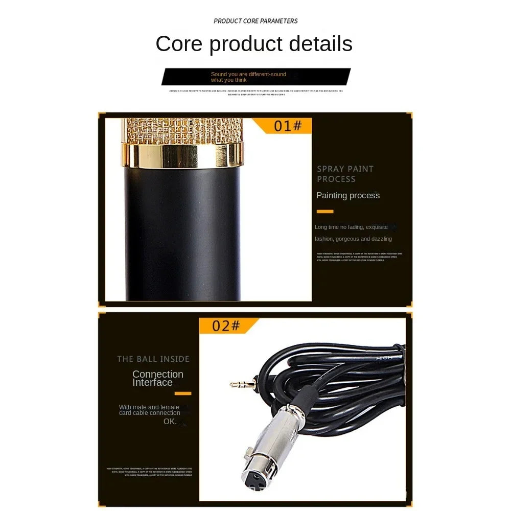 Black microphone v8v8s with gold accents and textured grille for live broadcast set with v8v8s sound card