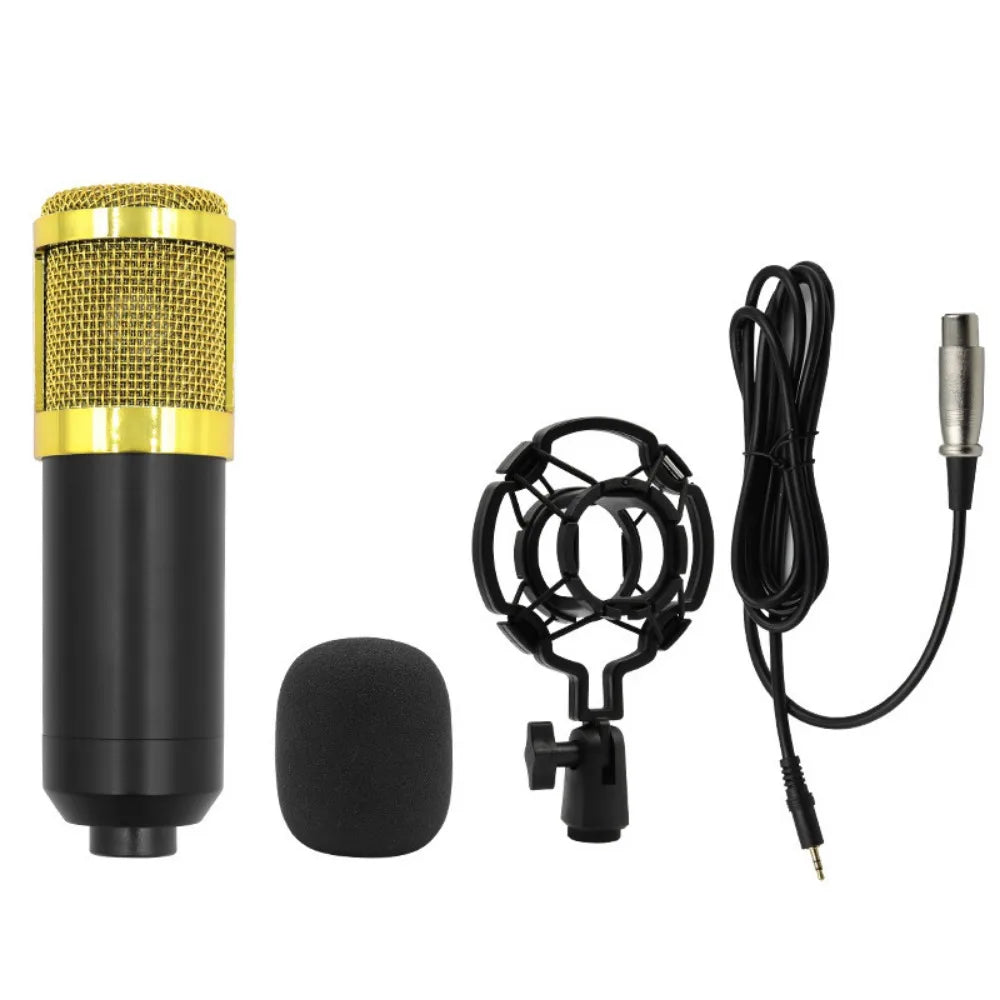 Black and gold condenser microphone v8v8s with mesh grille, stand mount, foam windscreen, and cable for live broadcast set