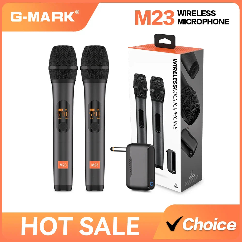 Black g-mark microphone wireless m23 with digital display and orange accents lithium battery cordless for church party speaker