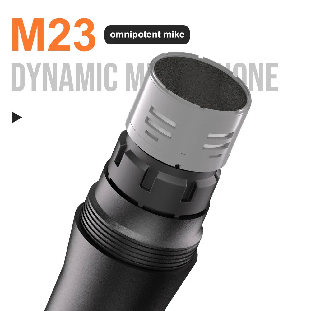 Black and silver microphone wireless m23 with textured grille and lithium battery cordless for church party speaker use