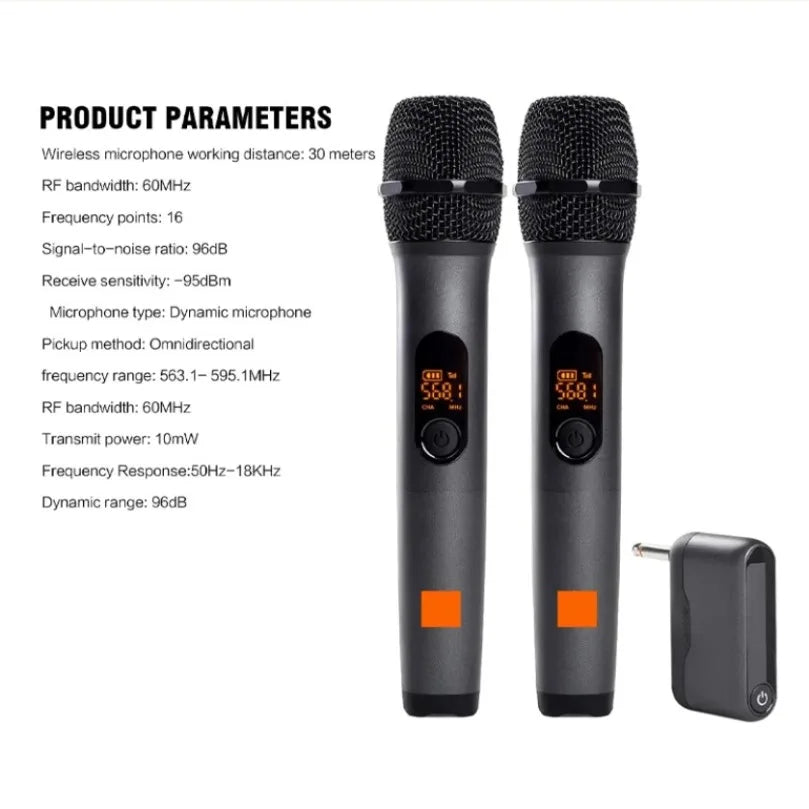 Black wireless handheld microphone uhf with orange digital display and receiver for jbl church party channel karaoke system
