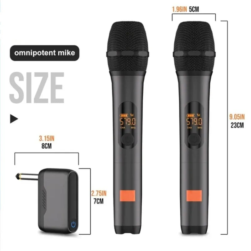Black handheld microphone wireless uhf with orange accents and digital display for jbl church party karaoke system