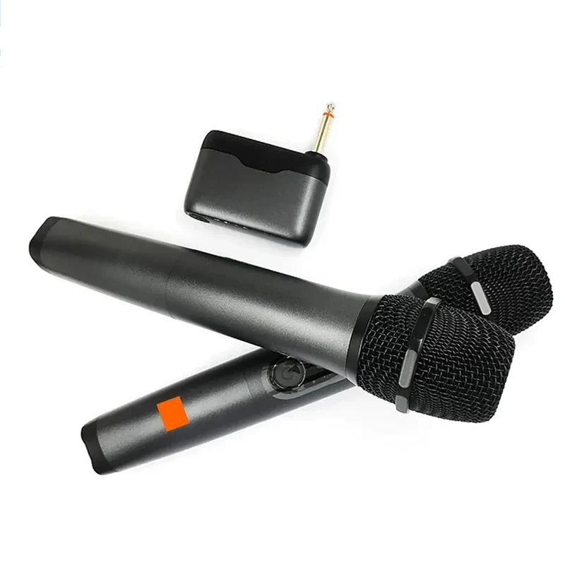 Black wireless handheld microphone uhf with orange accents and matching receiver for jbl church party karaoke system