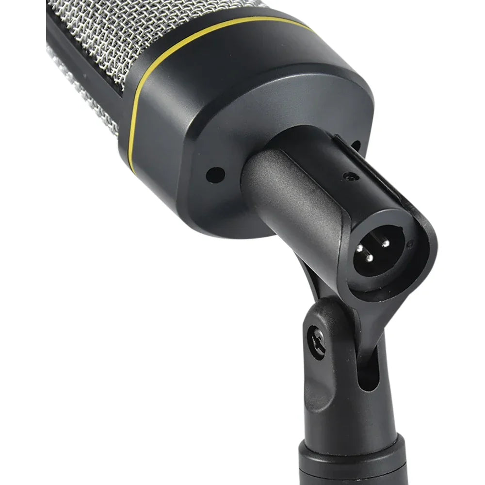 Black condenser microphone with silver mesh grille and yellow accent band featuring xlr connector for laptop singing and jack recording condenser use