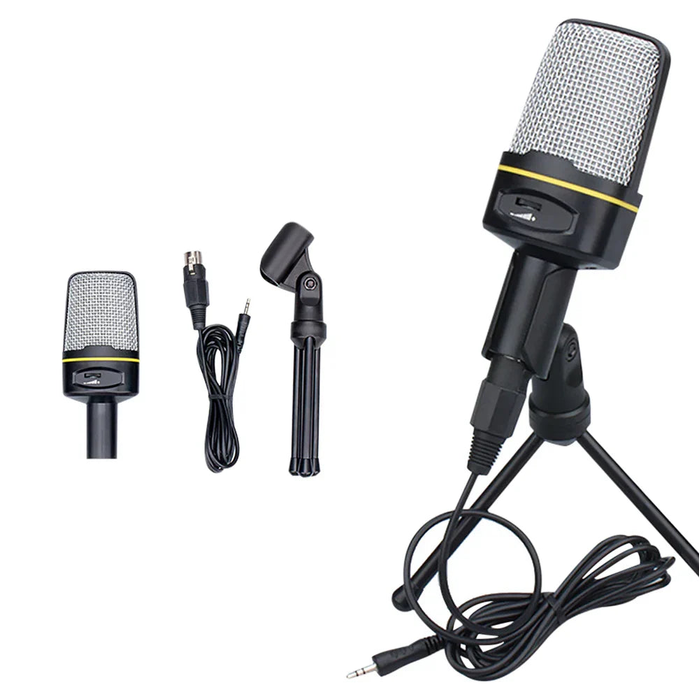 Black usb condenser microphone with silver mesh grille yellow accent band and mini tripod mount for laptop singing and jack recording condenser use