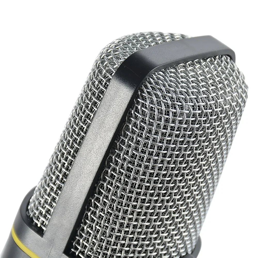 Silver mesh jack recording condenser microphone with black accents and yellow stripe compatible with laptop singing and mini tripod mount