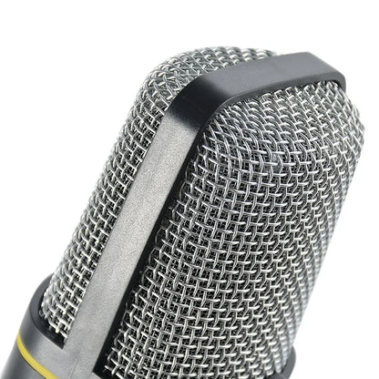 Silver mesh jack recording condenser microphone with black accents and yellow stripe compatible with laptop singing and mini tripod mount