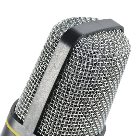 Silver mesh jack recording condenser microphone with black accents and yellow stripe compatible with laptop singing and mini tripod mount