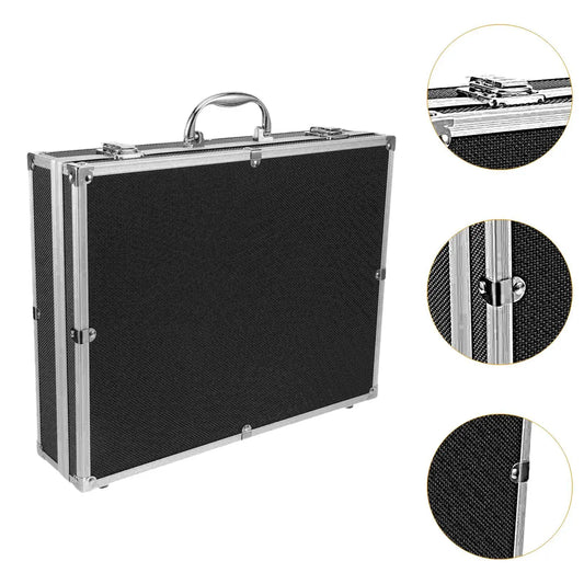 Black textured hard-shell microphones storage case with silver aluminum frame and handle for sound card studio equipment