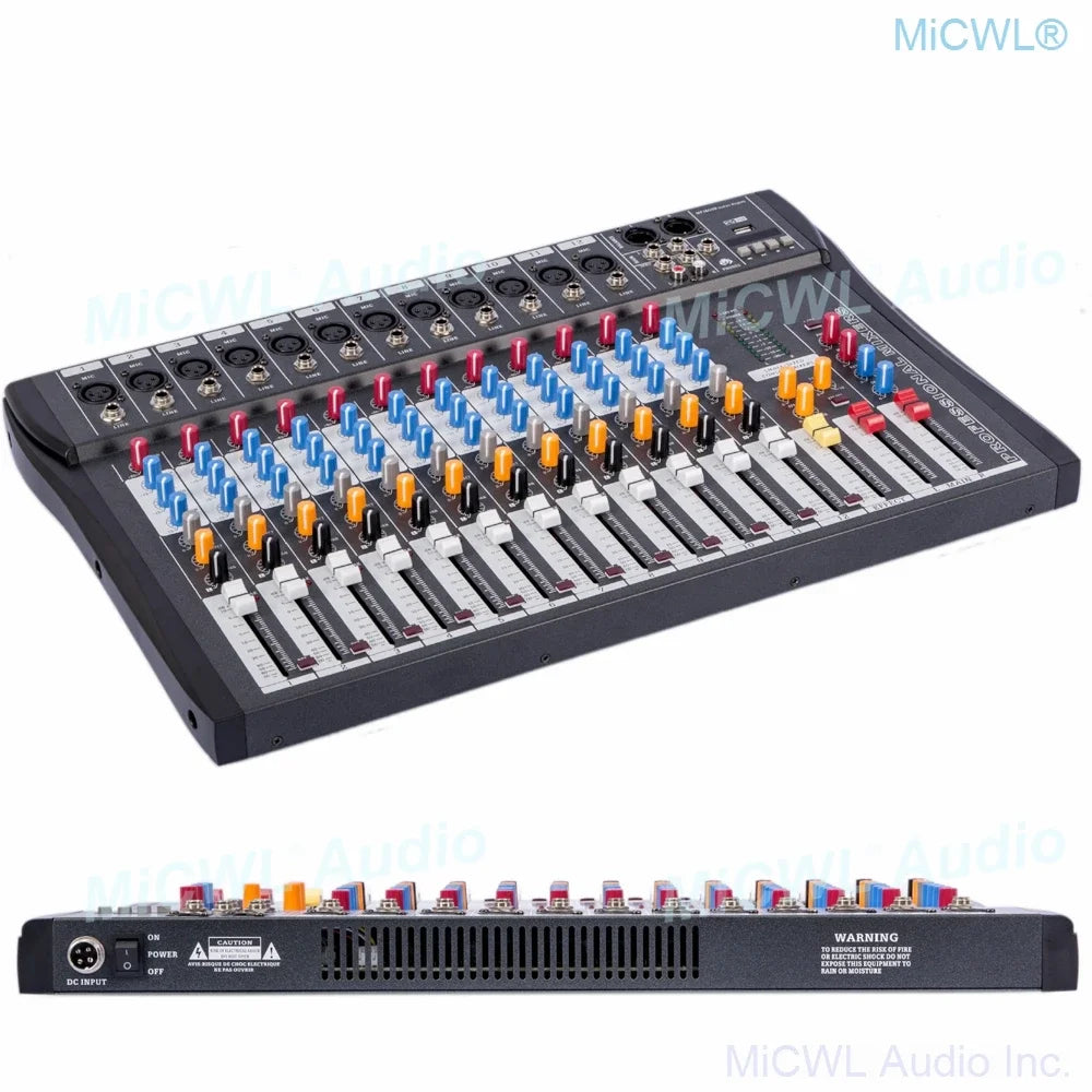 Black micwl 12 channel audio mixer with colorful knobs and phantom power bluetooth mixer dsp for music recording