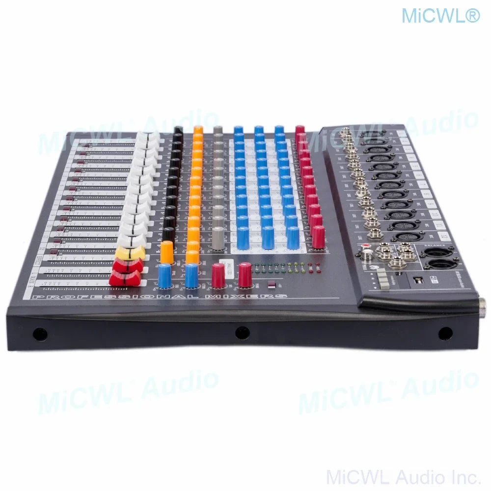 Black micwl 12 channel audio mixer with colorful faders and knobs featuring phantom power and bluetooth mixer dsp