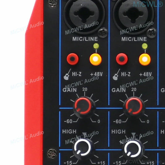 Black and red micwl ag4 studio audio mixer with two channels 48v phantom power and hi-z gain control for studio stage recording