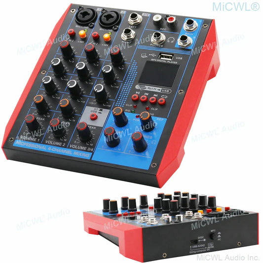 Red and black micwl ag4 studio 4-channel mixing console with blue panel usb port and phantom power for recording pc usb use